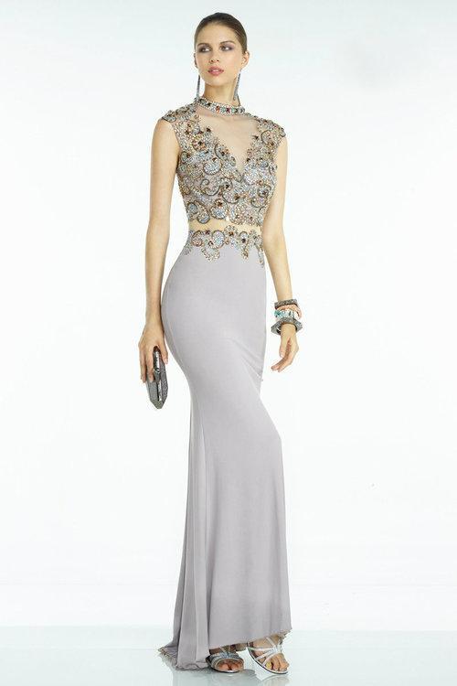 Alyce Paris - 6615 High Neck Festooned Jersey Gown In Gray and Multi-color
