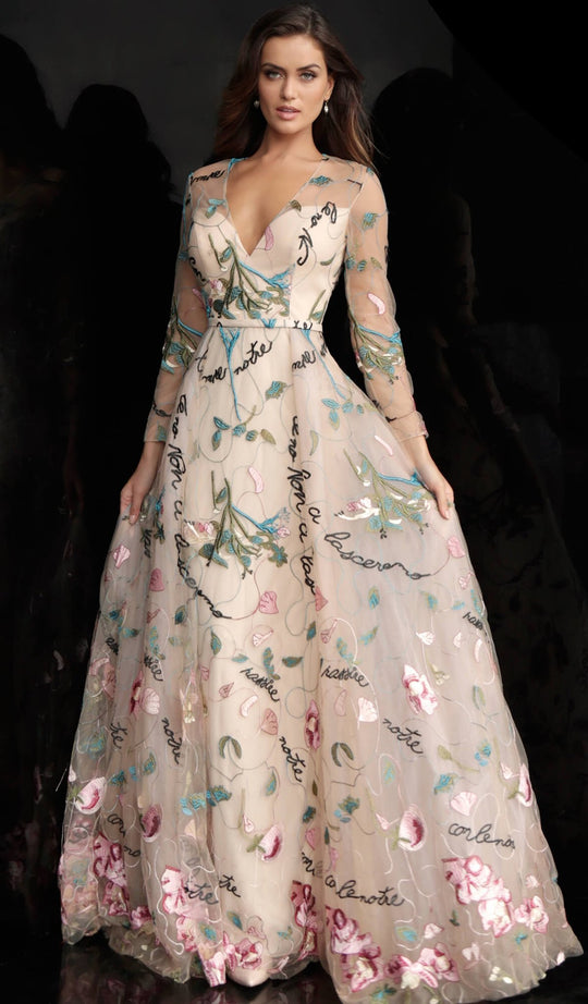 Jovani - 66166 Sheer V-Neck Long Sleeves A-Line Gown in Nude