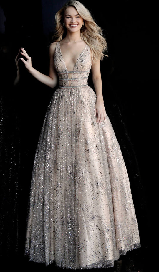Jovani - 66170 Embellished Plunging V Neck A-Line Gown In Nude