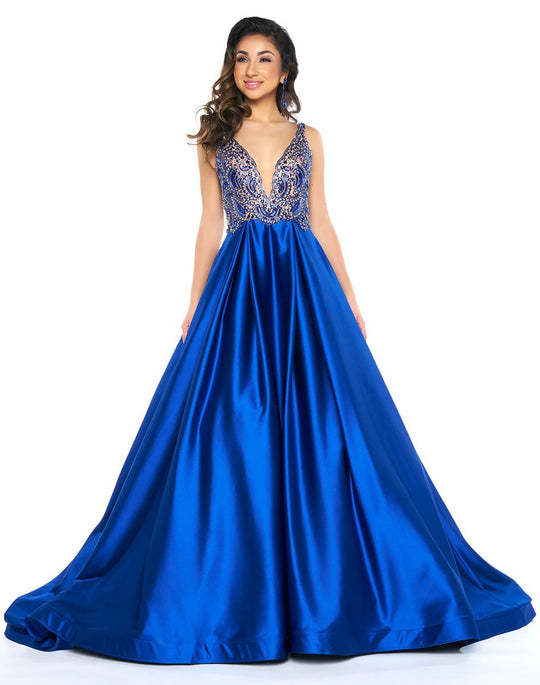 Mac Duggal Black White Red - 66182 Embellished Plunging Ballgown In Blue