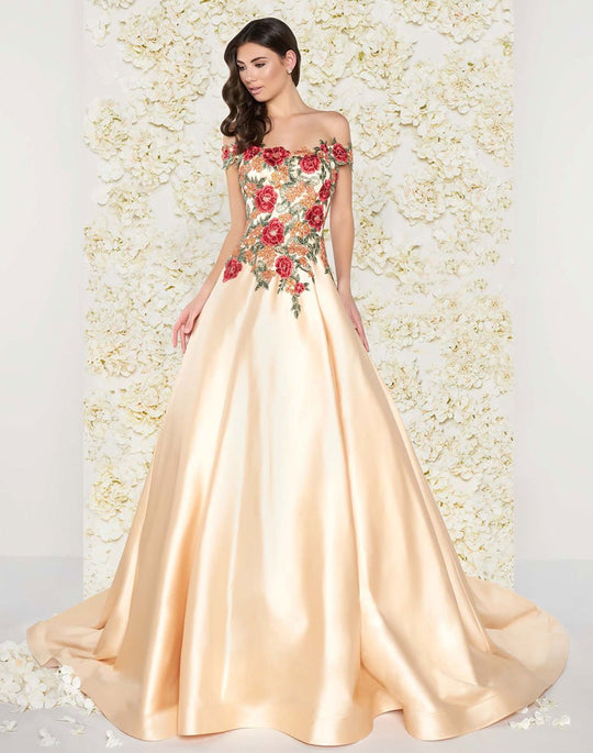 Mac Duggal Couture - 66185D Off Shoulder Floral Embroidered Satin Gown in Neutral and Multi-color
