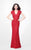 Primavera Couture - 1413 Sequined V Neck Cap Sleeves Long Gown in Red