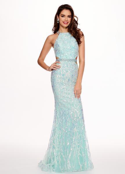 Rachel Allan - 6620 Sequined Midriff Cutout Sheath Gown In Blue and Multi-Color