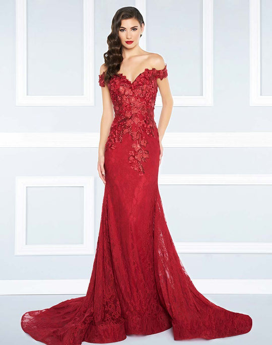 Mac Duggal - Off the Shoulder Rich Lace Gown 66214R in Red