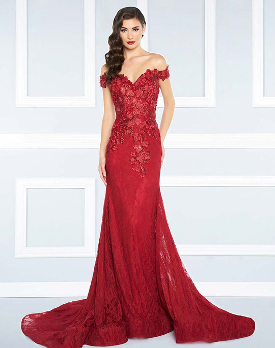 Mac Duggal Black White Red - 66214R Off the Shoulder Rich Lace Gown in Red