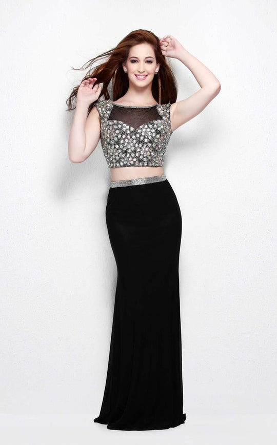 Primavera Couture - 1511 Bejeweled Illusion Bateau Neck Sheath Dress in Black