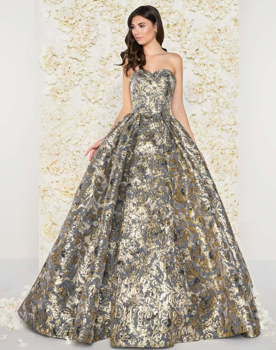Mac Duggal Couture - 66222D Floral Print Metallic Ballgown in Black and Gold