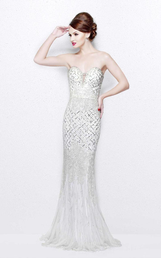 Primavera Couture - Sequined Sweetheart Long Sheath Gown 1527 in White