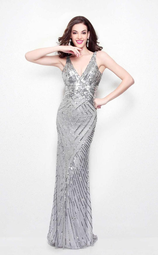 Primavera Couture - Geometric Adorned Plunging V-Neck Sheath Gown 1579 in Silver