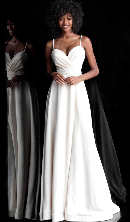Jovani - 66253 Sleeveless V-neck Long A-line Dress With Train In White
