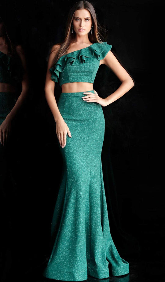 Jovani - 66271 Two Piece Ruffled Asymmetric Mermaid Dress With Train In Green