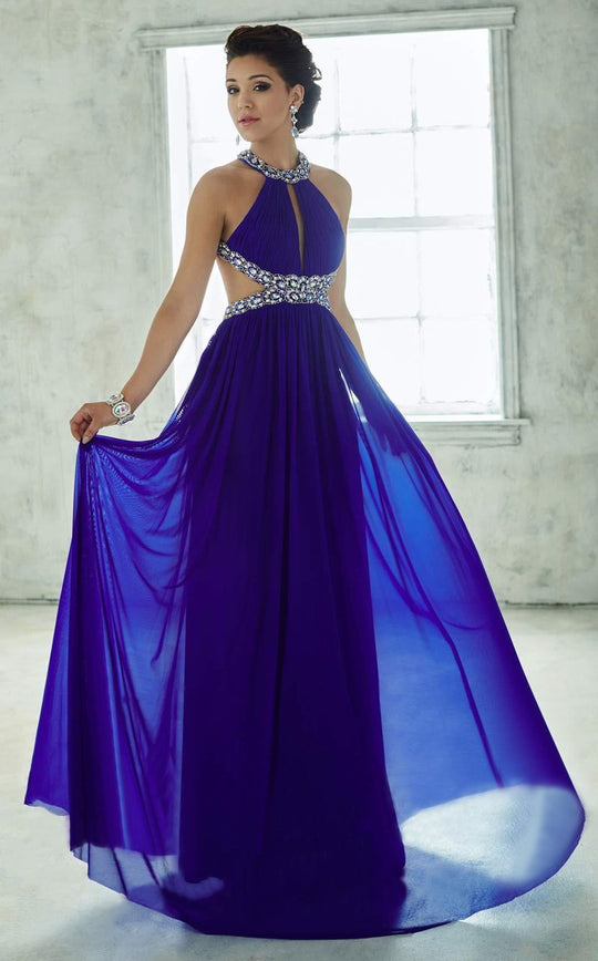 Tiffany Homecoming - Crystal Crusted Halter Long Evening Gown with Cutouts 46028 in Blue