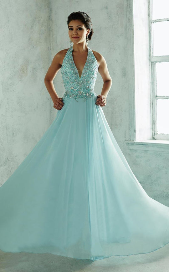 Tiffany Homecoming - 46029 Halter Style Embellished Evening Gown in Blue Bell