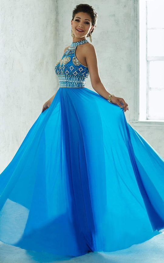 Tiffany Homecoming - Stylish Bead-Embellished Halter Gown with Sheer Layering 46032  in Blue
