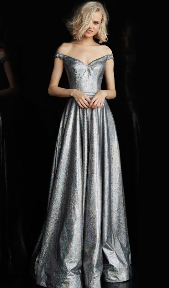 Jovani - 66285 Metallic Off-Shoulder A-Line Evening Gown In Silver