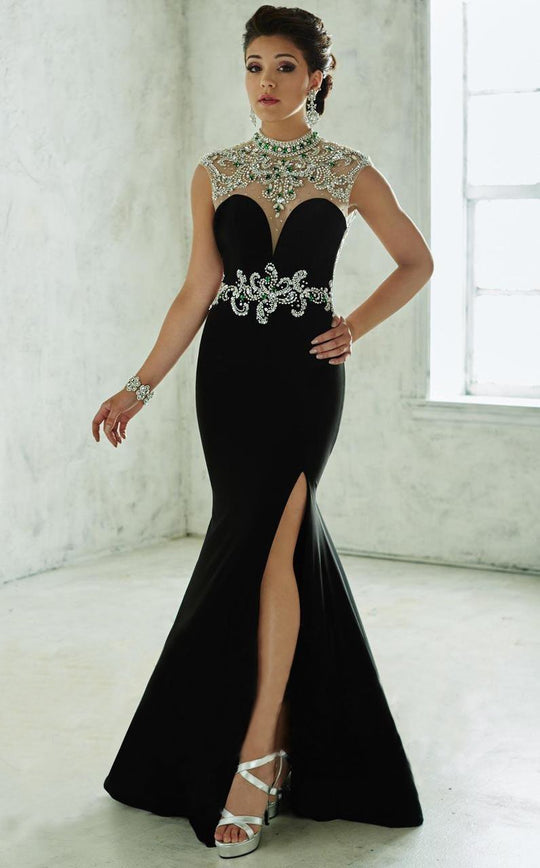 Tiffany Homecoming - 46039 Bejeweled Choker Illusion Evening Gown in Black Emerald