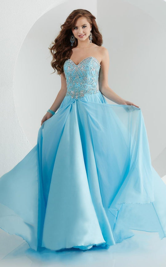 Tiffany Homecoming - Charming Gown with Sheer-Layered Skirt 46040 in Blue