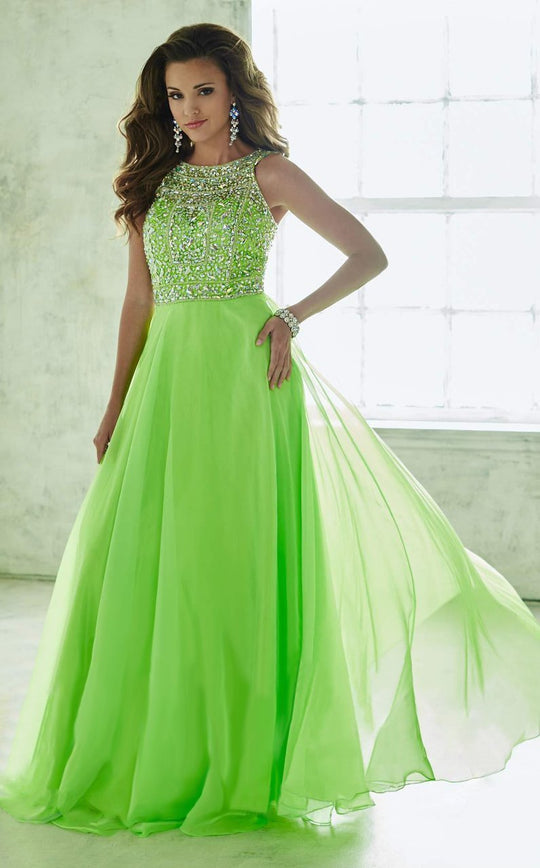 Tiffany Homecoming - Ornamented Scoop A-Line Long Evening Gown 46042 In Green