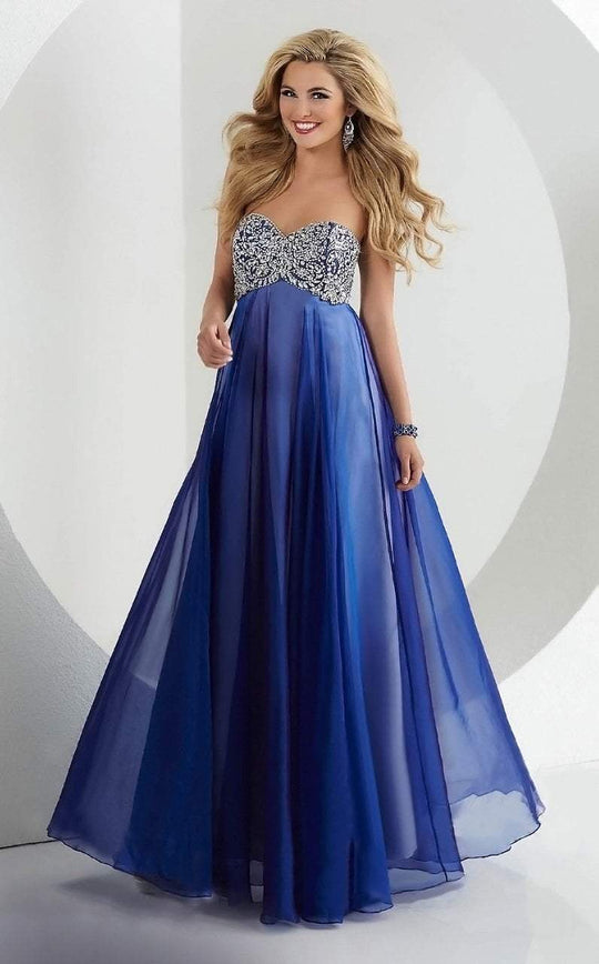 Crystal Flourished Empire Long Evening Gown 46048 In Blue and White