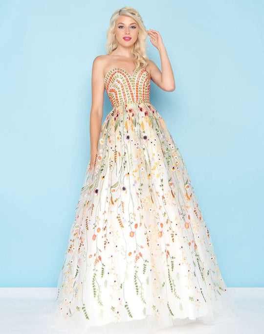 Mac Duggal - 66309H Strapless Beaded Gown with Florals In White and Multi-Color