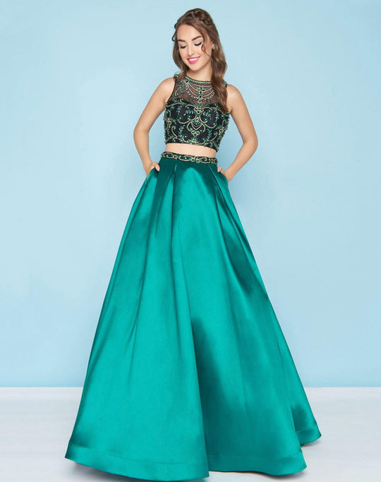 Mac Duggal - 66311H Two Piece Beaded Jewel Illusion Evening Gown In Green and Black