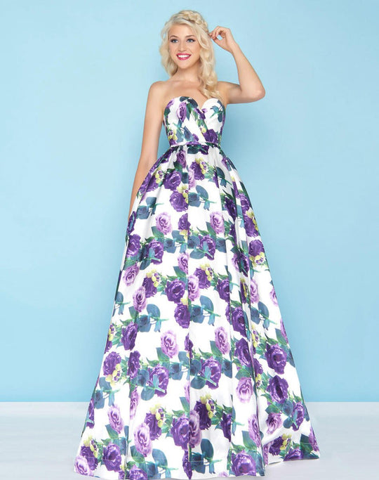 Mac Duggal - 66315H Strapless Floral Print A-Line Gown In Purple