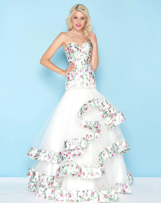 Mac Duggal - 66317H Strapless Floral Ruffled Mermaid Gown In White and Print