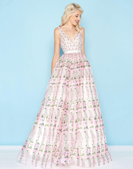 Mac Duggal - 66319H Sleeveless V-Neck Embellished Open Back Gown In Pink and Print