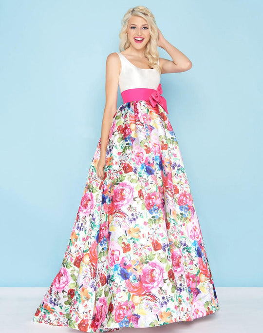 Mac Duggal - 66324H Scoop Neck Floral Printed Mikado Gown In White and Print
