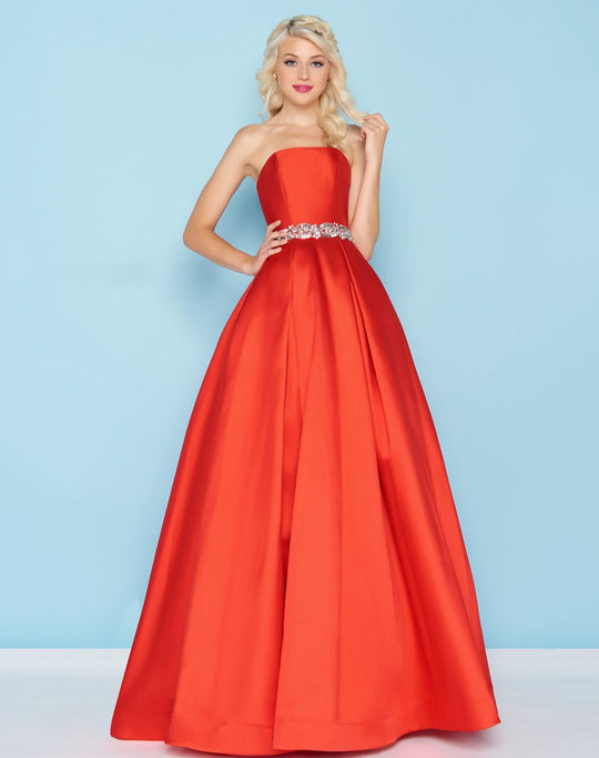 Mac Duggal - 66326H Strapless Bejeweled Waist Mikado Ballgown In Red