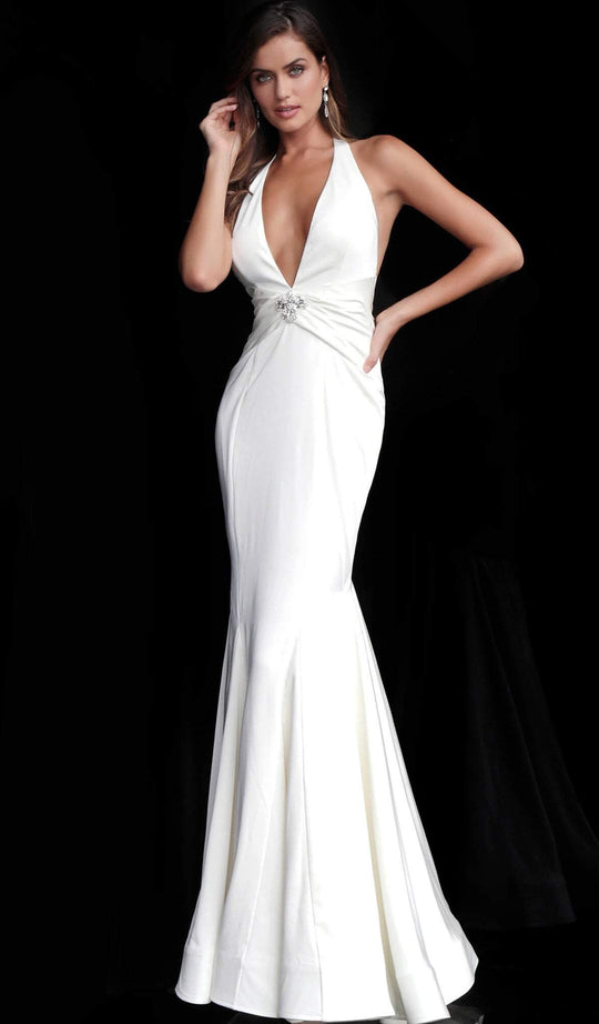 Jovani - 66333 Plunging Halter V-neck Mermaid Dress in White