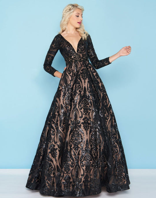 Mac Duggal - 66334H Sequin Deep V-neck Ballgown In Black