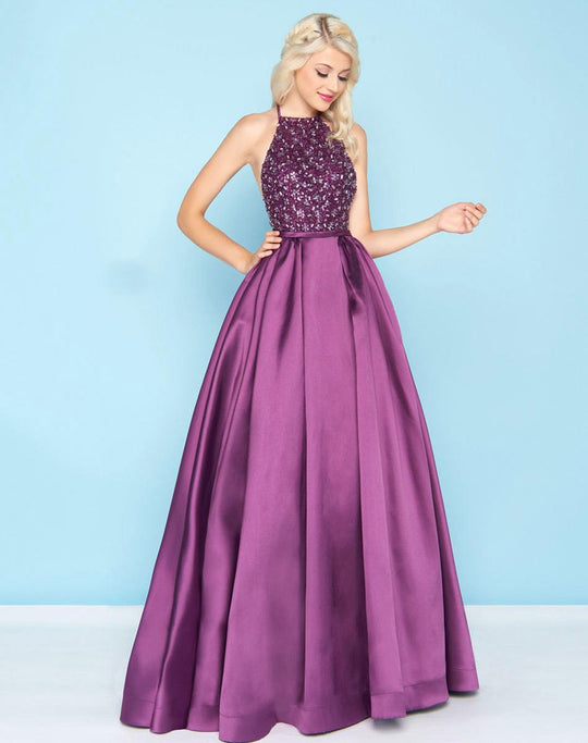Mac Duggal - 66345H Halter Beaded Pleated Evening Gown In Purple