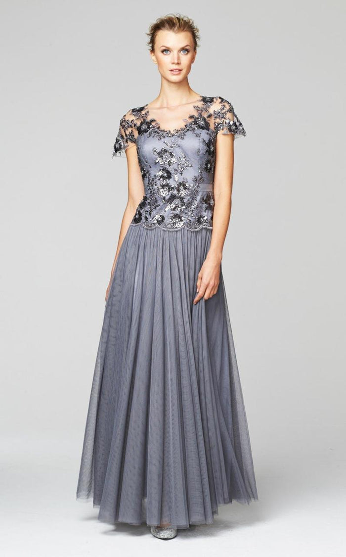 Daymor Couture - Lace Floral V Neck Long Dress 252 in Gray