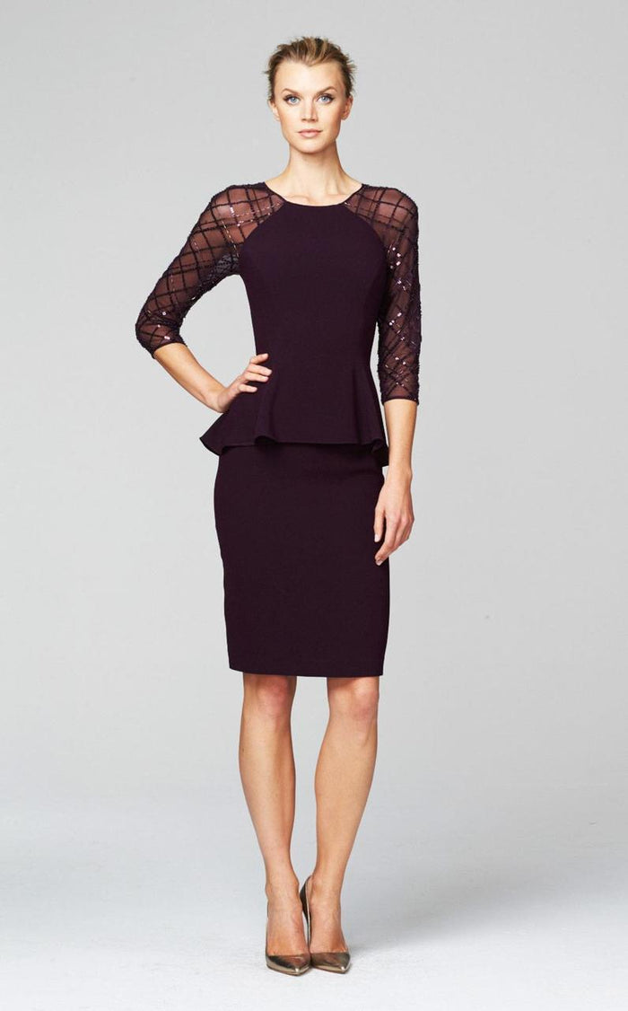 Daymor Couture - Sheer Quarter Sleeve Cocktail Dress 265 in Purple
