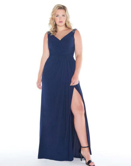 Mac Duggal - 66388F Ruched V-neck Jersey A-line Dress In Blue