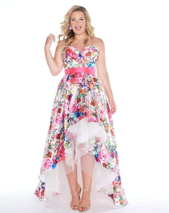 Mac Duggal - 66389F Strapless Floral Print High Low Gown In White and Multi-Color