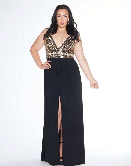 Mac Duggal - 66408F Metallic Deep V-neck Fitted Gown In Black and Gold