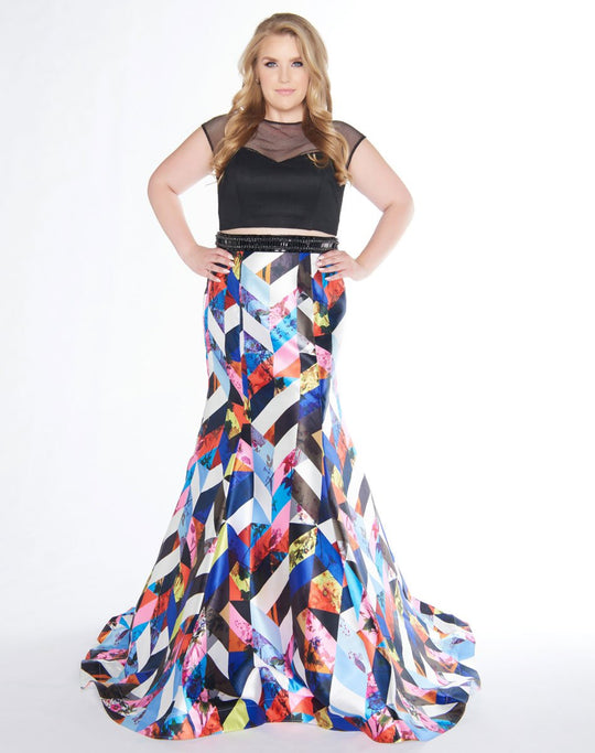Mac Duggal - 66409F Cap Sleeves Two-Piece Trumpet Gown In Black and Multi-Color