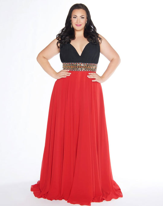 Mac Duggal - 66410F Deep V-Neck A-line Chiffon Gown In Black and Red