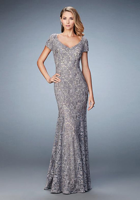 La Femme - 22998 Lace V-neck Sheath Dress In Blue