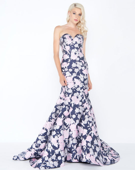 Mac Duggal - 66442M Strapless Floral Print Mikado Evening Gown In Blue