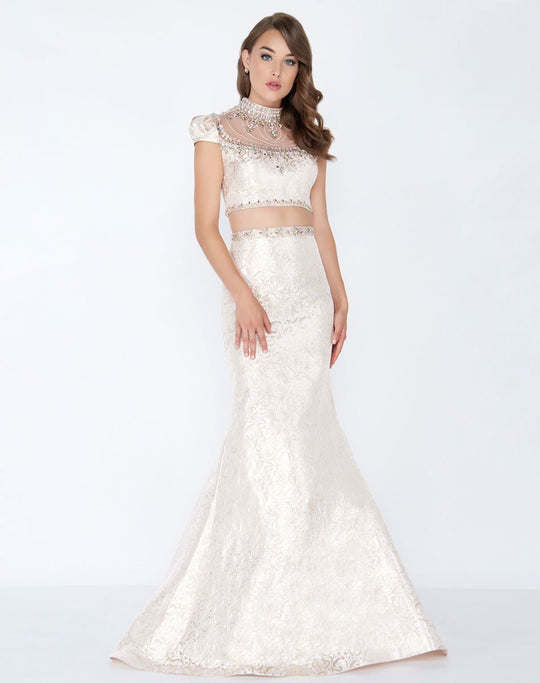 Mac Duggal - 66443M Two Piece Beaded High Neck Trumpet Gown In Pink and Gold