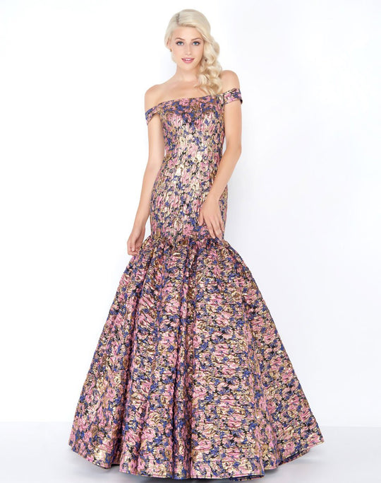 Mac Duggal - 66458M Off Shoulder Gilded Floral Trumpet Gown In Gold