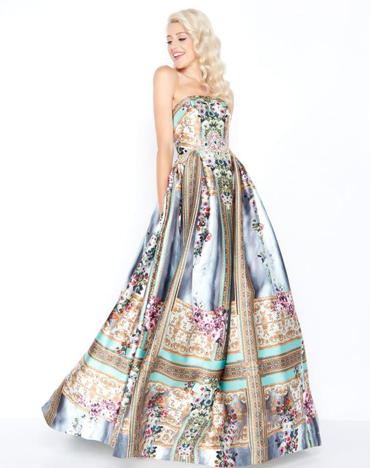 Mac Duggal - 66462M Strapless Bustier Printed Mikado A-line Gown In Print, Multi-Color