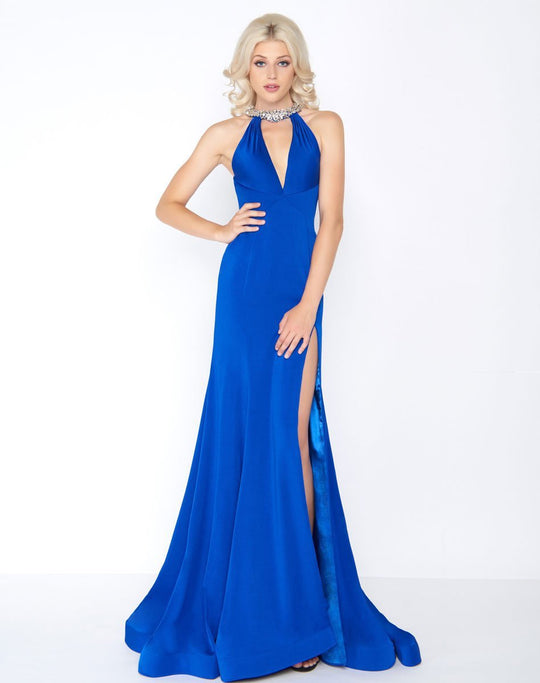Cassandra Stone - 66465A Fitted Halter Sheath Dress In Blue
