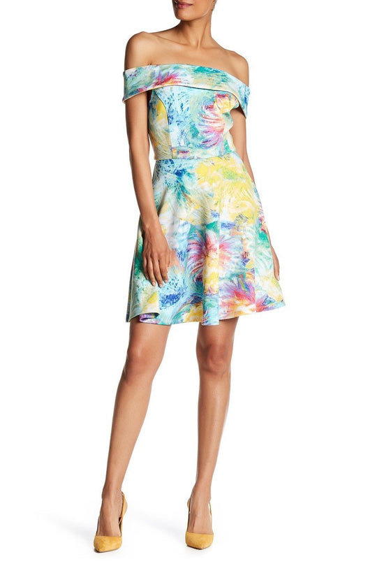Spense - 28505 Vibrant Off-Shoulder A-Line Dress in Multi-Color and Print