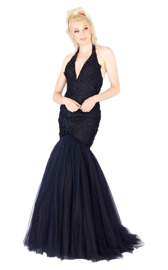 Mac Duggal Flash - 66489L Plunging Halter Embroided Lace Mermaid Gown