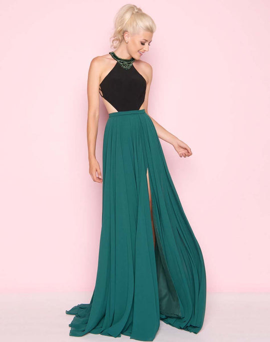 Mac Duggal - 66490L Beaded Halter A-line Dress In Green and Black
