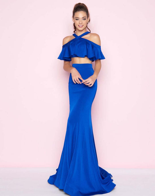 Mac Duggal - 66508L Two Piece Halter Sheath Dress In Blue